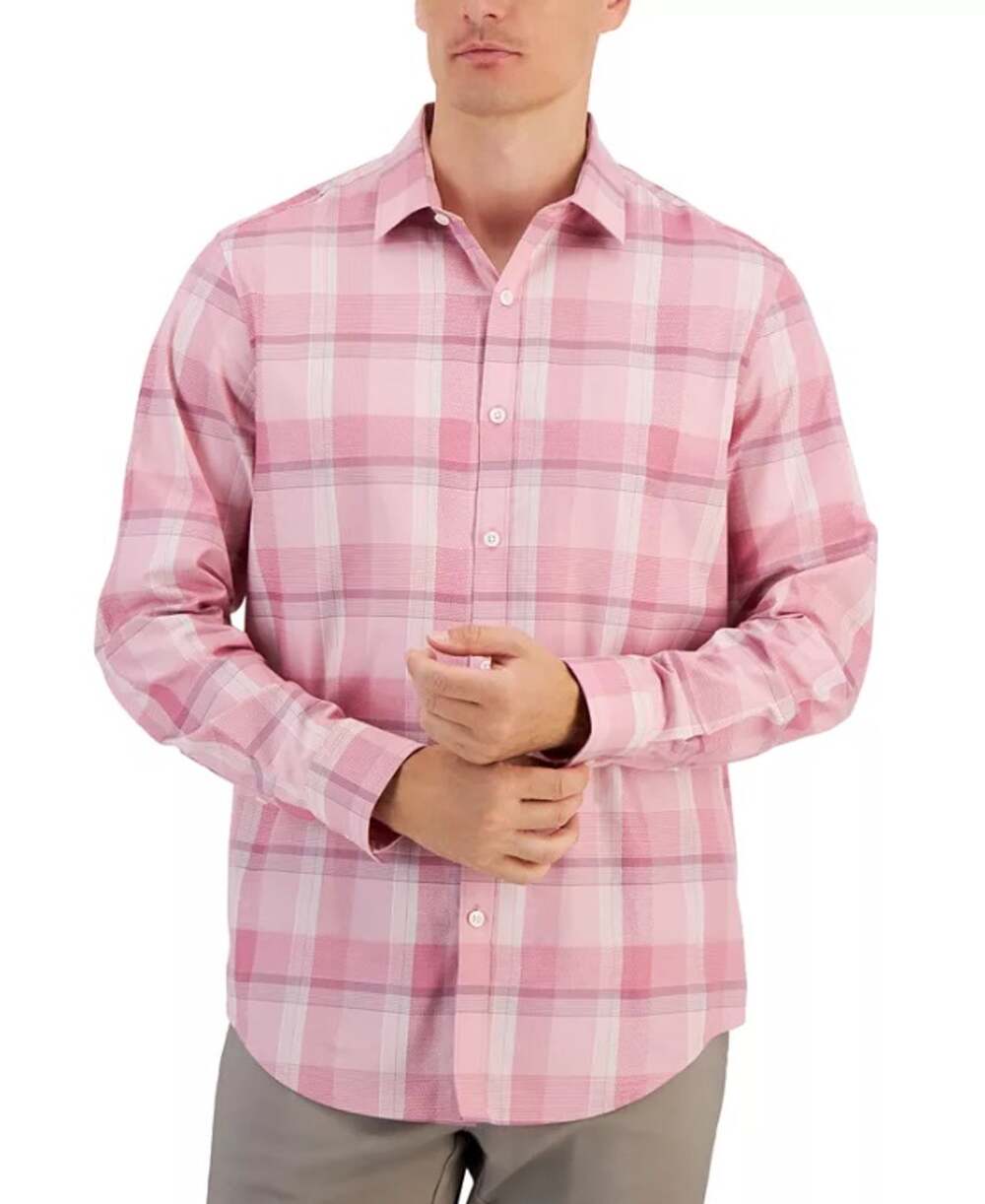 Alfani Men's Pink Plaid Cotton Dobby Regular Fit Button-Down Casual Shirt Size S